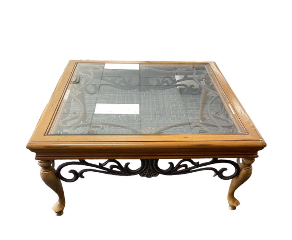 76925 - Ethan Allen Wrought Iron Glass Top Cocktail Table 40x40x18