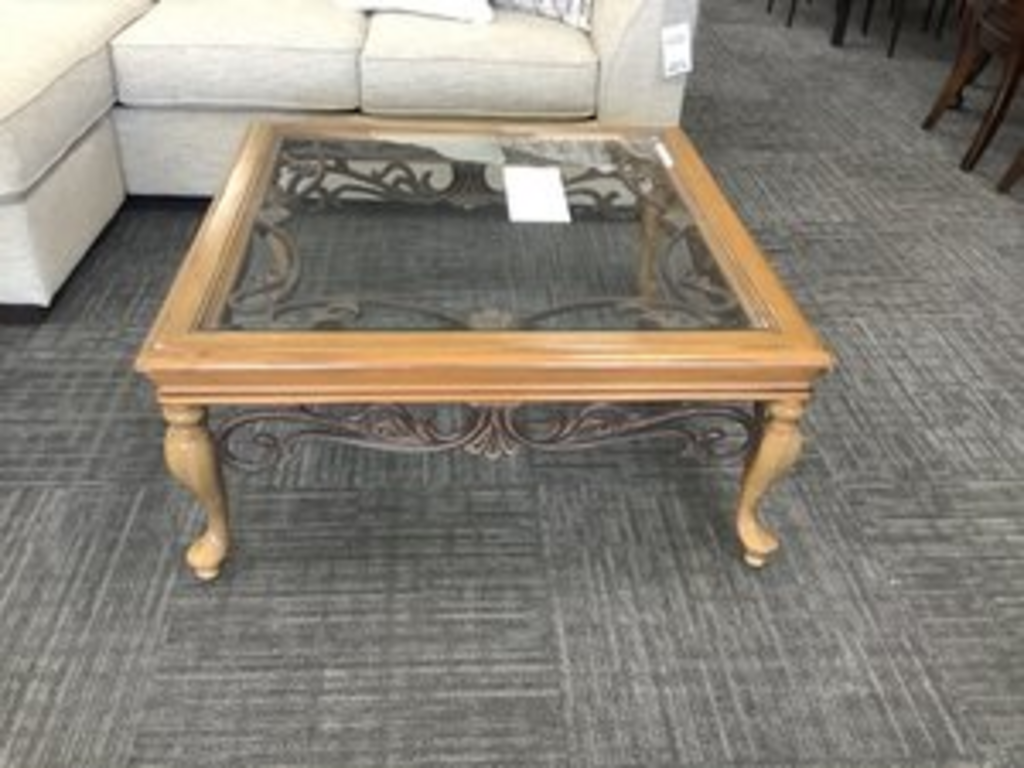 76925 - Ethan Allen Wrought Iron Glass Top Cocktail Table 40x40x18