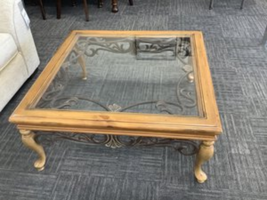 76925 - Ethan Allen Wrought Iron Glass Top Cocktail Table 40x40x18