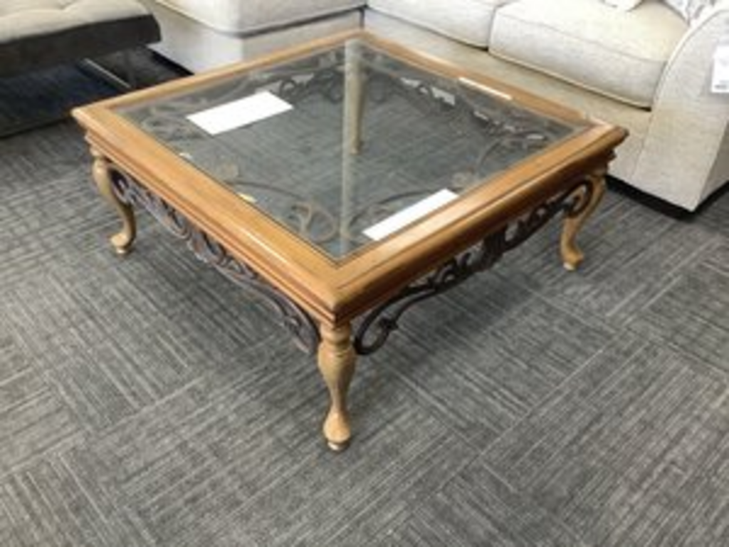 76925 - Ethan Allen Wrought Iron Glass Top Cocktail Table 40x40x18