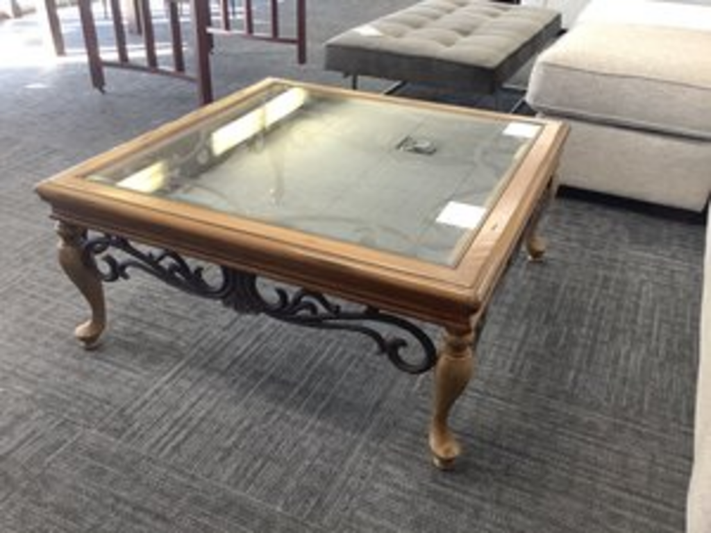 76925 - Ethan Allen Wrought Iron Glass Top Cocktail Table 40x40x18