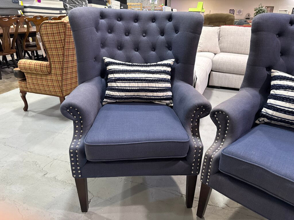 80886 - Pair of Blue Nuance Interior Design Wingback Chairs 32x36x21-34