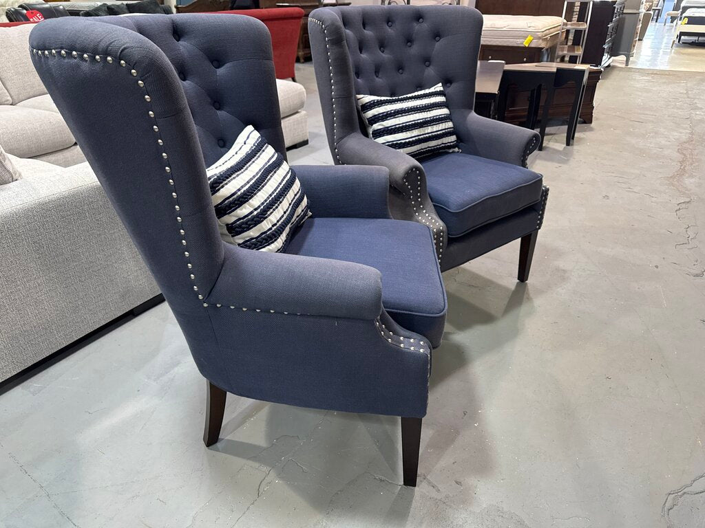 80886 - Pair of Blue Nuance Interior Design Wingback Chairs 32x36x21-34
