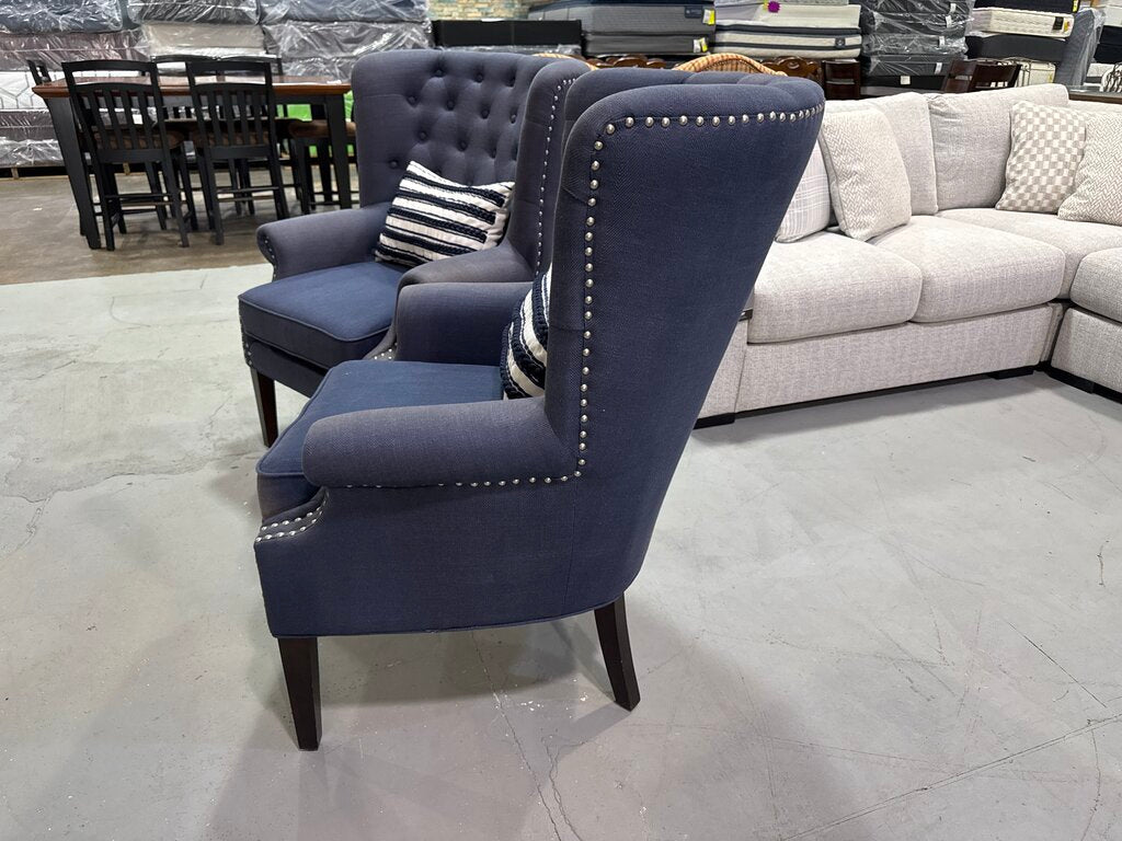 80886 - Pair of Blue Nuance Interior Design Wingback Chairs 32x36x21-34
