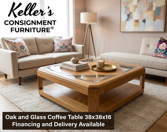 85993 - Oak and Glass Coffee Table 38x38x16
