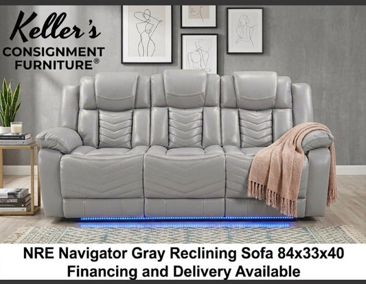 Navigator Gray NEW Reclining Sofa w/Console, USB & C, LED Lights 84x33x40 (853020)
