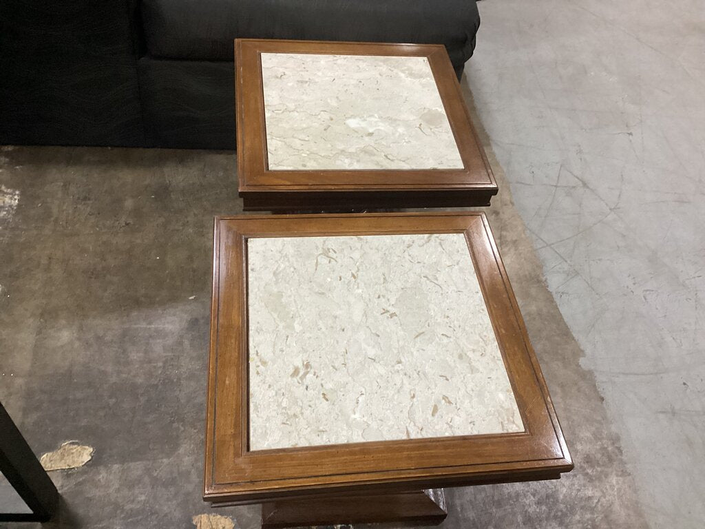86107 Italian Oak w/Marble Pedestal Side Table Pair 20x20x16
