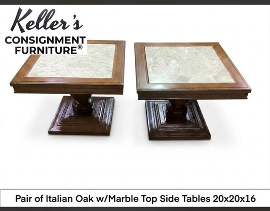 86107 - Italian Oak w/Marble Pedestal Side Table Pair 20x20x16
