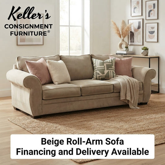 86441 - Beige Roll-Arm Plush Back Sofa 94x38x34