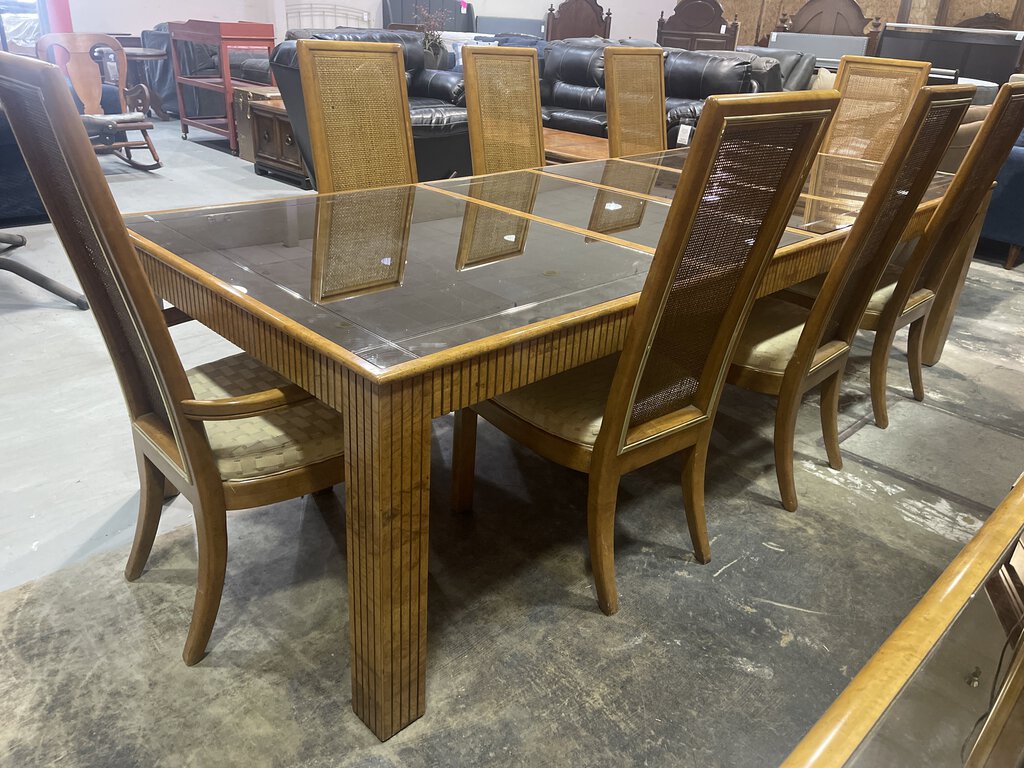 79667 (8441-8) Vintage American of Martinsville Burl Wood 9pc Dining 44x74/93x113x30