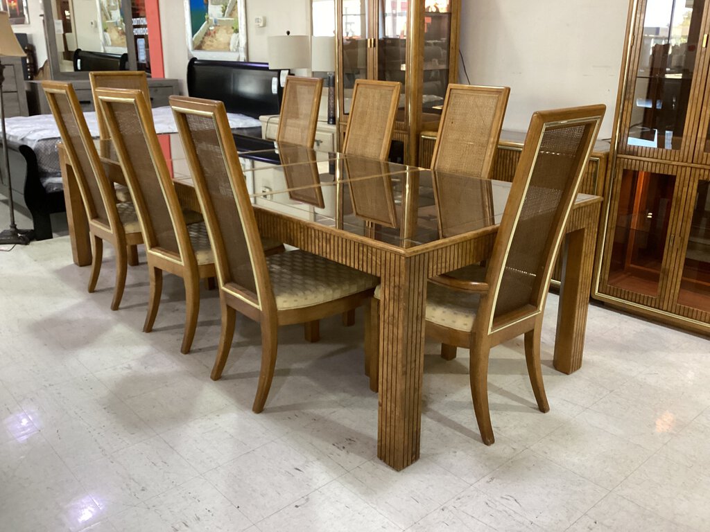 79667 (8441-8) Vintage American of Martinsville Burl Wood 9pc Dining 44x74/93x113x30