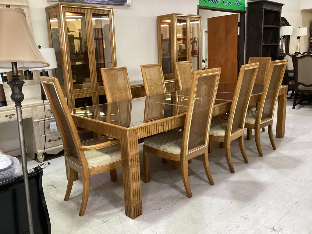 79667 (8441-8) Vintage American of Martinsville Burl Wood 9pc Dining 44x74/93x113x30