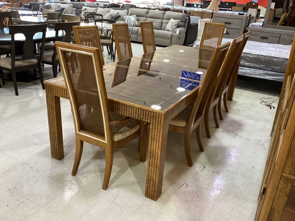 79667 (8441-8) Vintage American of Martinsville Burl Wood 9pc Dining 44x74/93x113x30