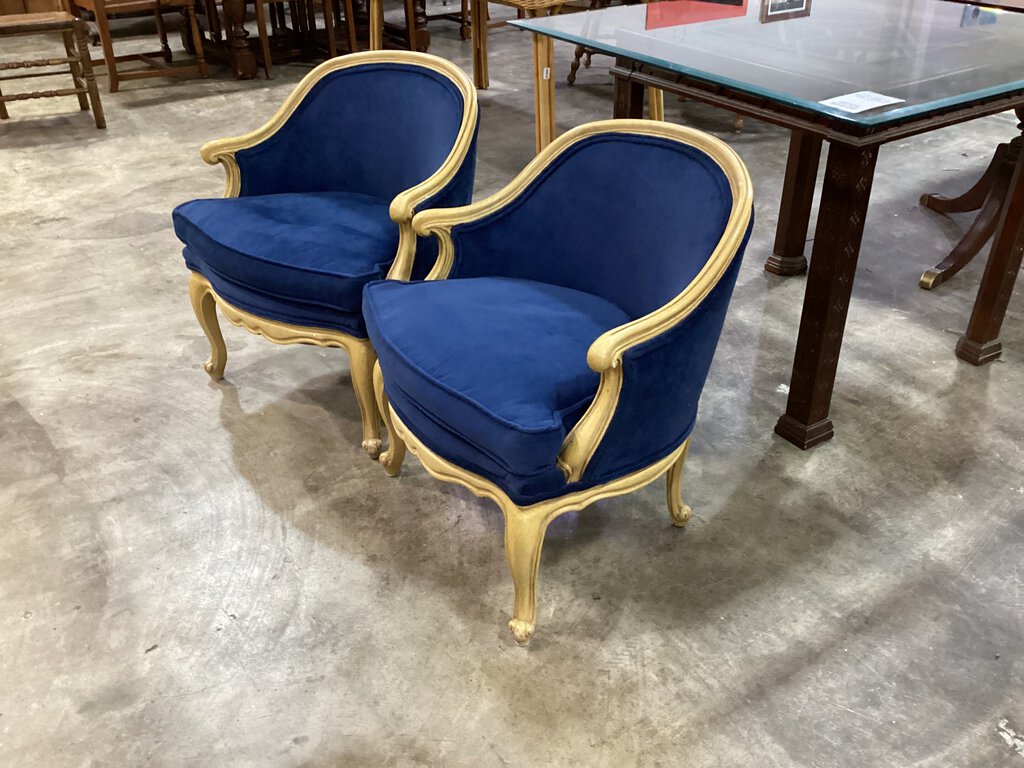 81752 - Pair French Provencial Blue Velvet Chairs 24x24x29