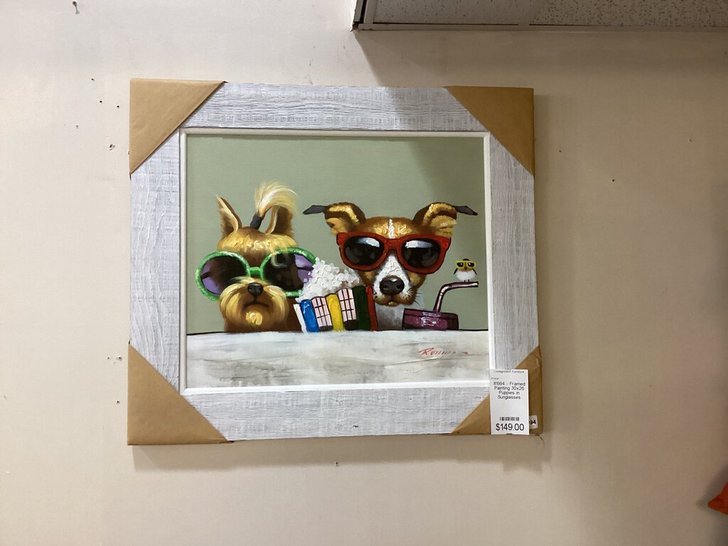 81994 - Framed Painting 30x26 Puppies in Sunglasses