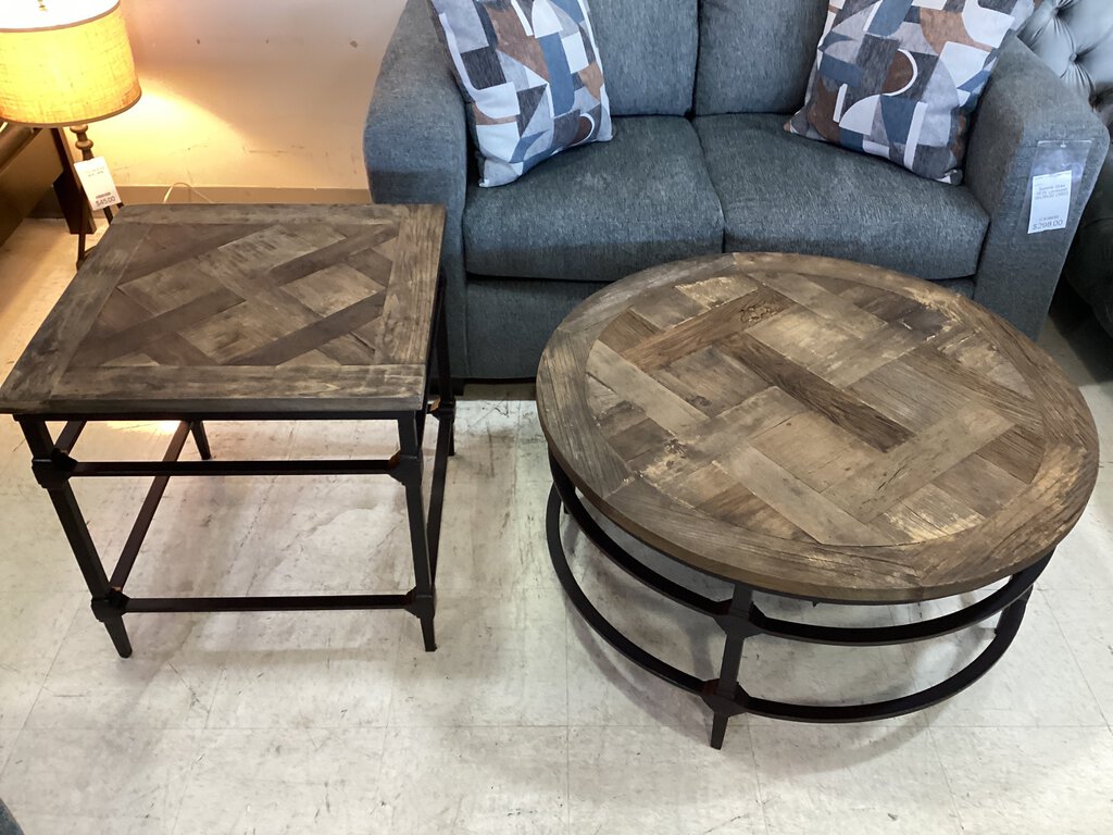 82187 - Pottery Barn Parquet Reclaimed Wood Coffee & End Table Set C:36x18 E:24x24x24