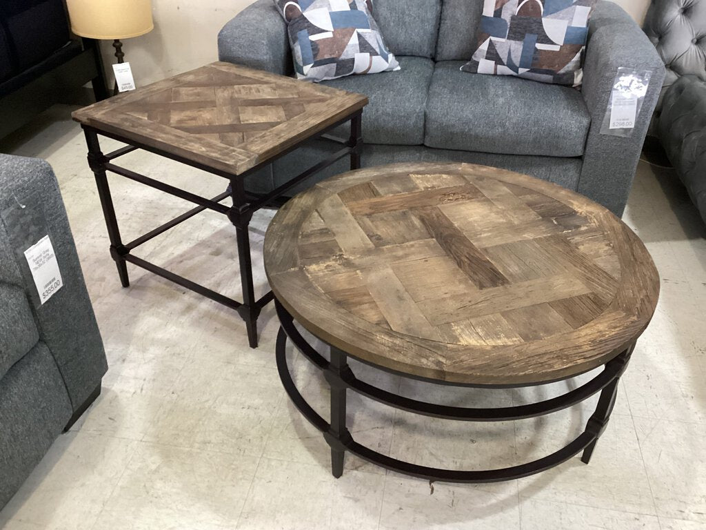 82187 - Pottery Barn Parquet Reclaimed Wood Coffee & End Table Set C:36x18 E:24x24x24