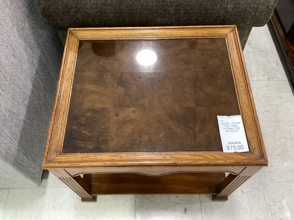 82229 - Wood End Table wGlass Top 26x22x22