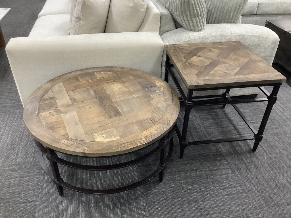 82187 - Pottery Barn Parquet Reclaimed Wood Coffee & End Table Set C:36x18 E:24x24x24