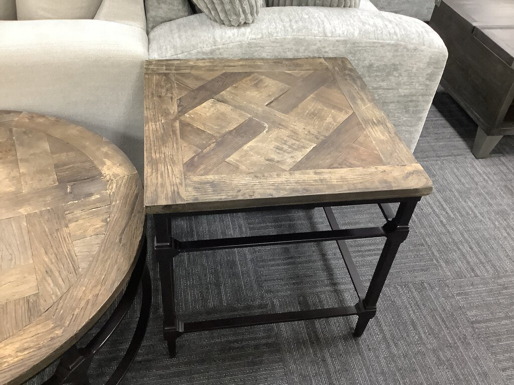 82187 - Pottery Barn Parquet Reclaimed Wood Coffee & End Table Set C:36x18 E:24x24x24