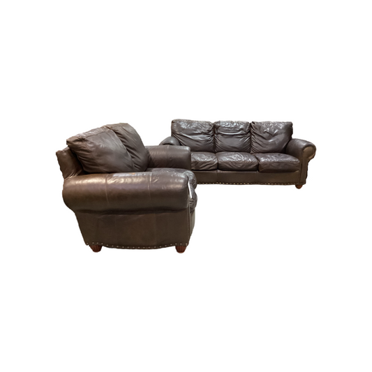 83485 - Brown Leather Sofa & Loveseat 91/67x39x38