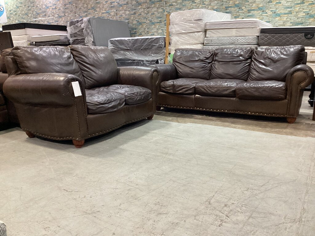 83485 - Brown Leather Sofa & Loveseat 91/67x39x38