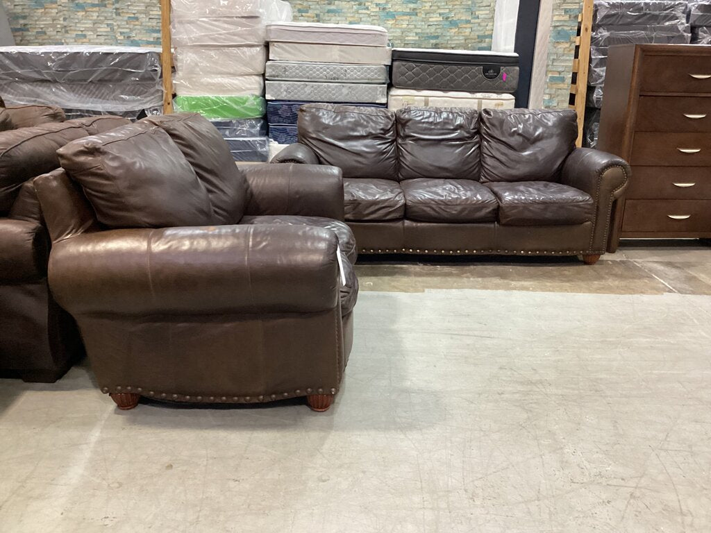 83485 - Brown Leather Sofa & Loveseat 91/67x39x38