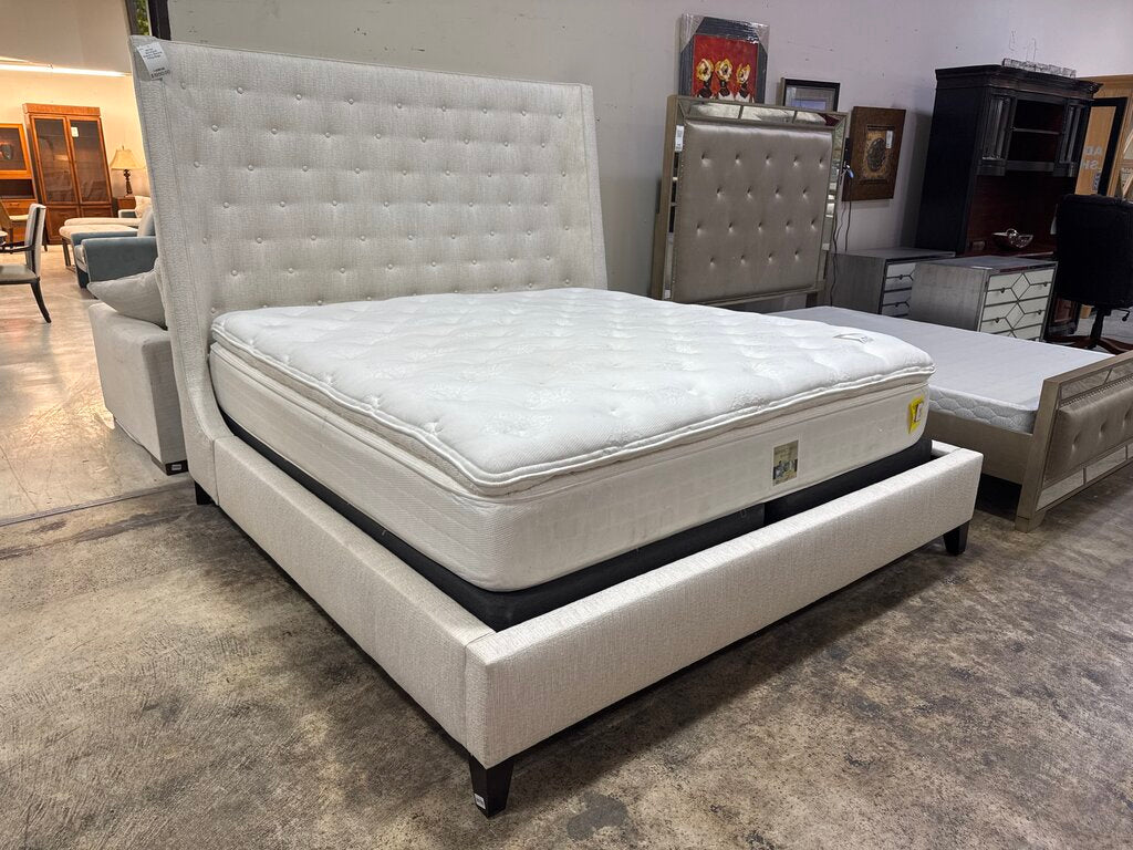 80793 - Bernhardt Interiors Maxime Wing Beige Hardwood Upholstered King Platform Bedframe 84x95x69