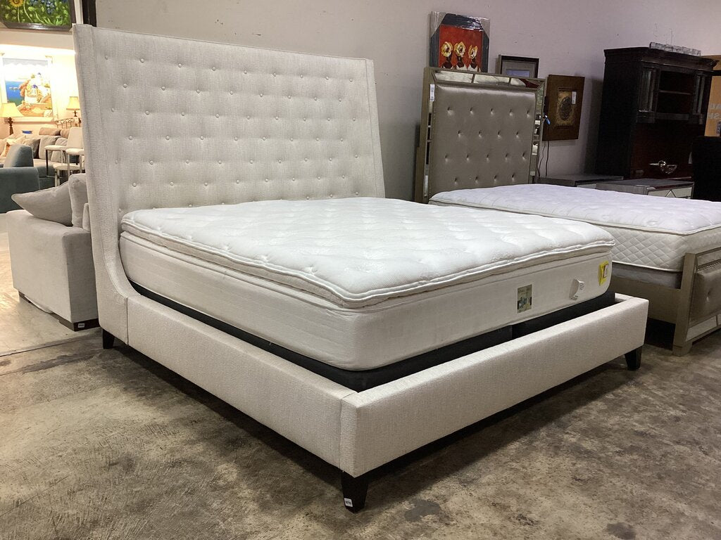 80793 - Bernhardt Interiors Maxime Wing Beige Hardwood Upholstered King Platform Bedframe 84x95x69