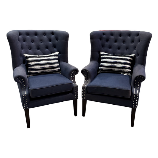 80886 - Pair of Blue Nuance Interior Design Wingback Chairs 32x36x21-34