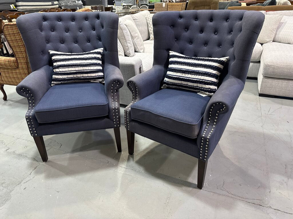 80886 - Pair of Blue Nuance Interior Design Wingback Chairs 32x36x21-34