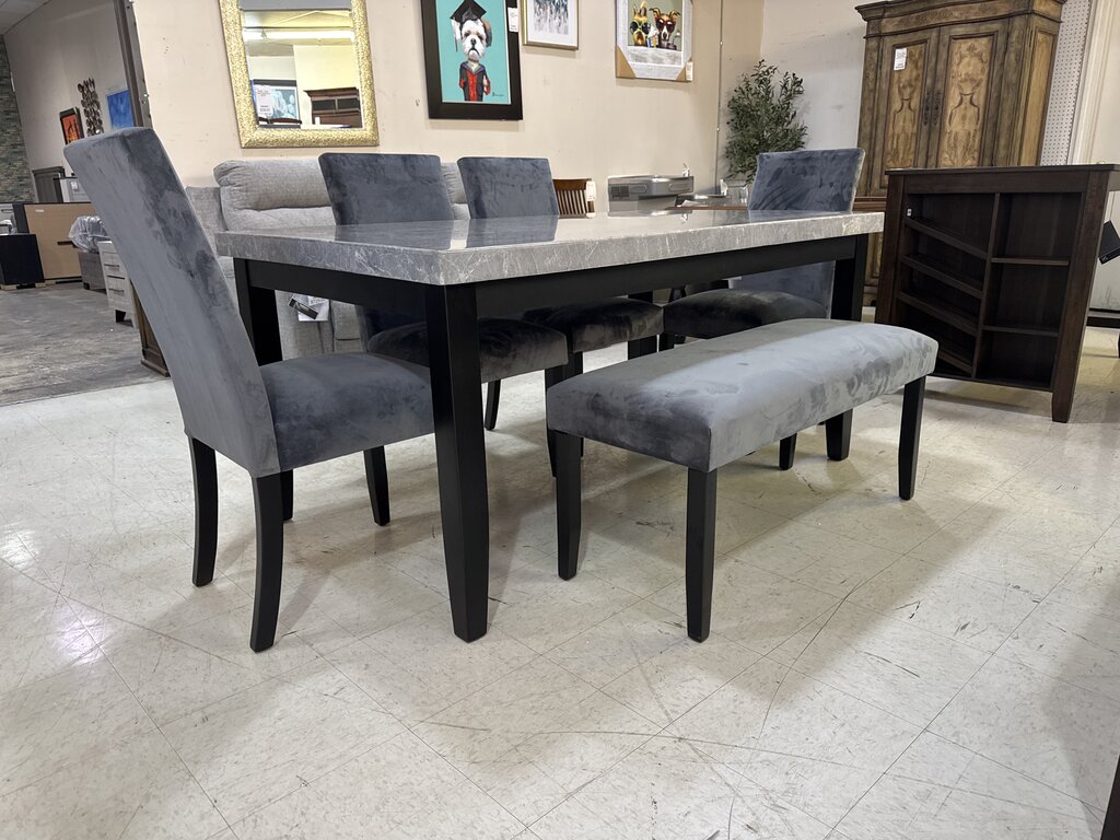85645 - Gray Faux Marble 6pc Dining Set w/Bench 38x64x31