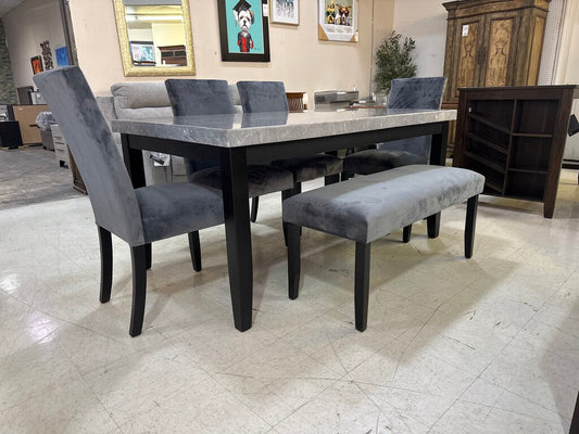 85645 - Gray Faux Marble 6pc Dining Set w/Bench 38x64x31