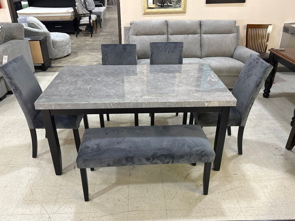 85645 - Gray Faux Marble 6pc Dining Set w/Bench 38x64x31