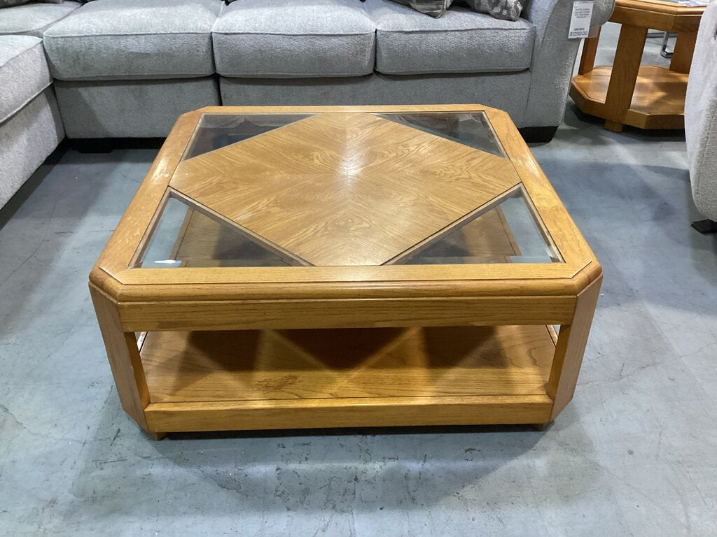 85993 - Oak and Glass Coffee Table 38x38x16