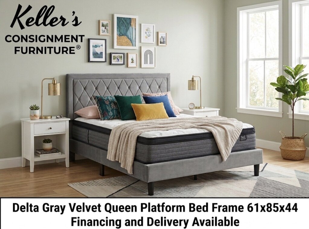 Delta Gray Velvet NEW Queen Platform Bed Frame 61x85x44 (106030)
