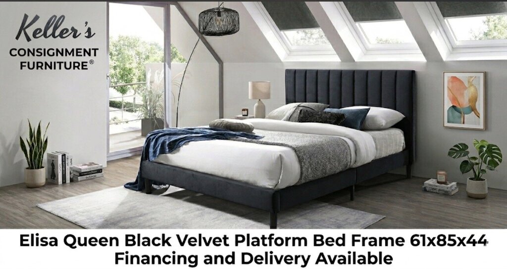 Elisa NEW Queen Black Velvet Platform Bed Frame 61x85x44 (108230)