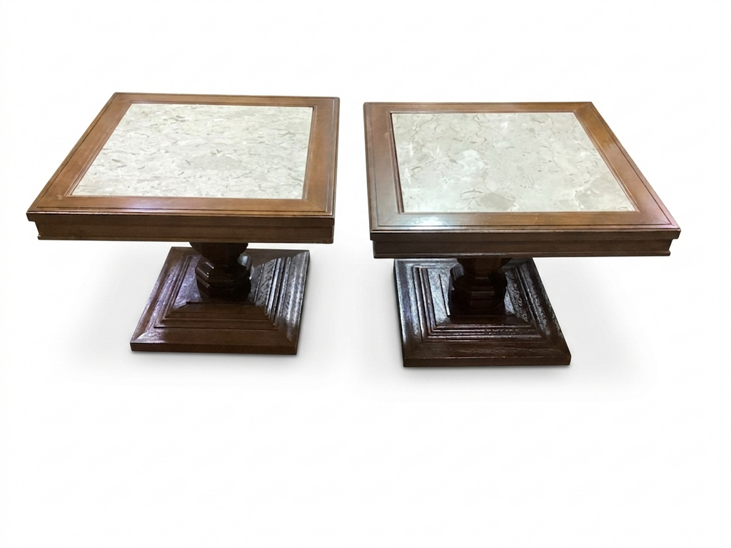 86107 Italian Oak w/Marble Pedestal Side Table Pair 20x20x16