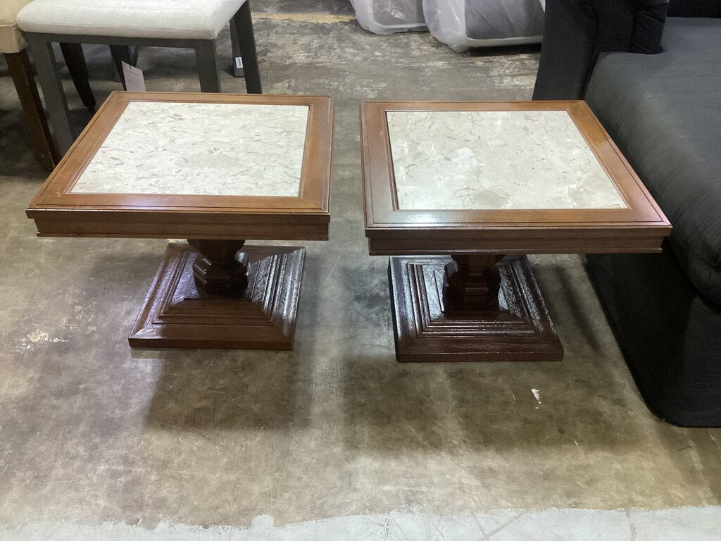 86107 Italian Oak w/Marble Pedestal Side Table Pair 20x20x16