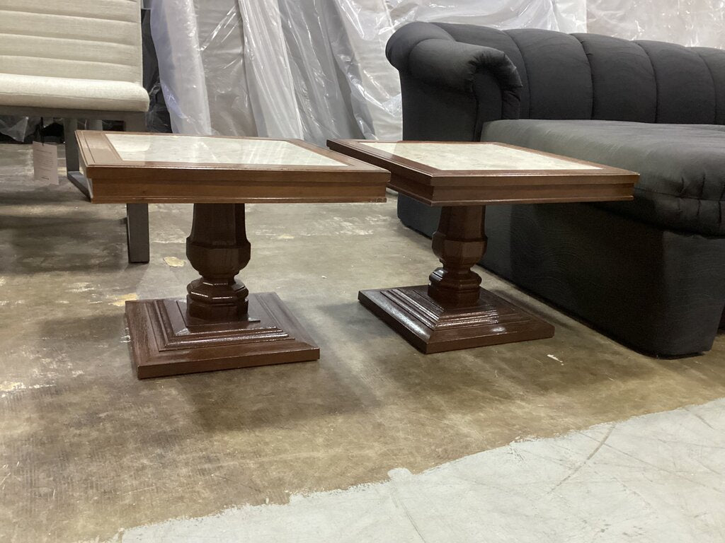 86107 Italian Oak w/Marble Pedestal Side Table Pair 20x20x16