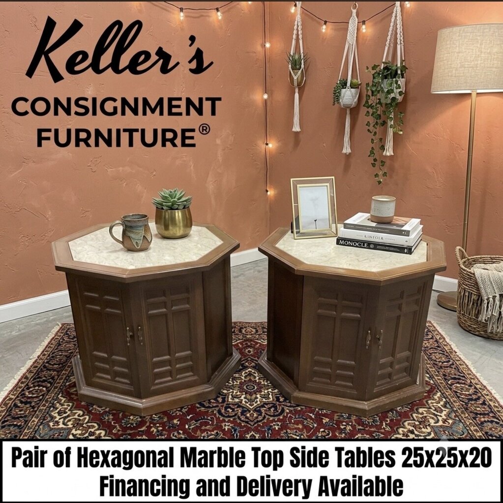 86108 - Pair of Hexagon Marble Top Side Tables 25x25x20