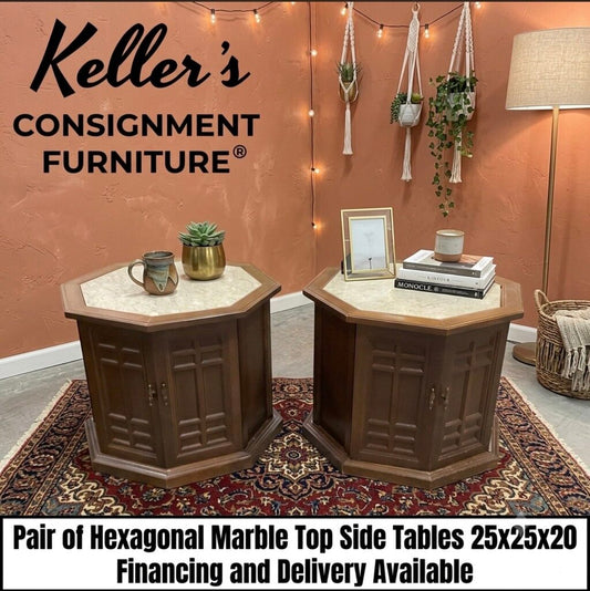 86108 - Pair of Hexagon Marble Top Side Tables 25x25x20
