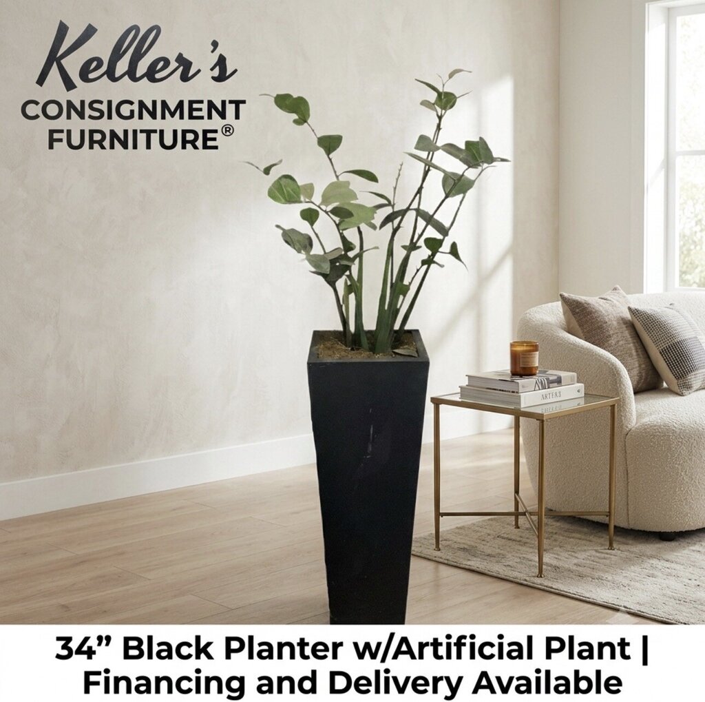 80943 (8524-27) Black 34in Planter w/Artificial Plant 12x12x60