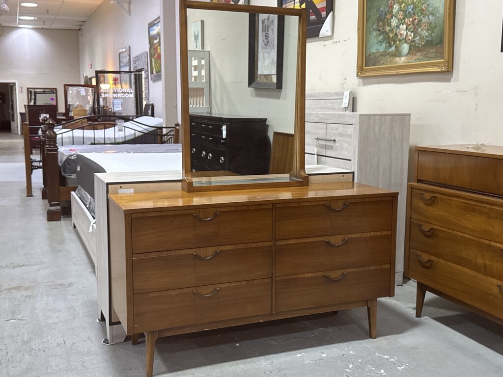 86164 - Rhythm MCM Walnut 6 Drawer Dresser w/Mirror (56x18x32)(m-28x4x38)
