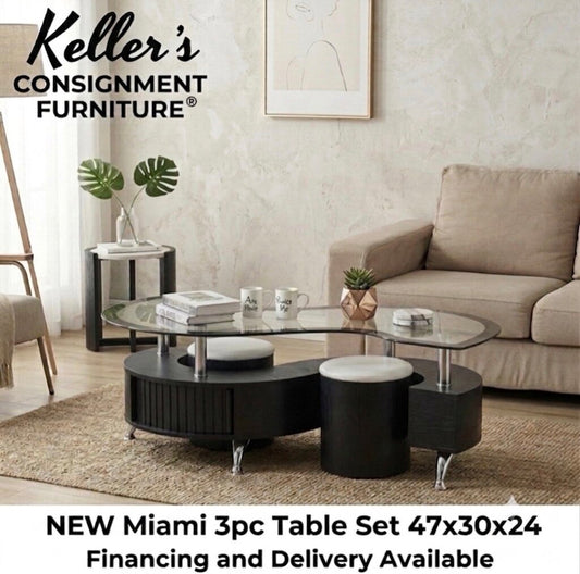 Miami "S" Coffee Table w/2 Stools & Storage 47x30x24