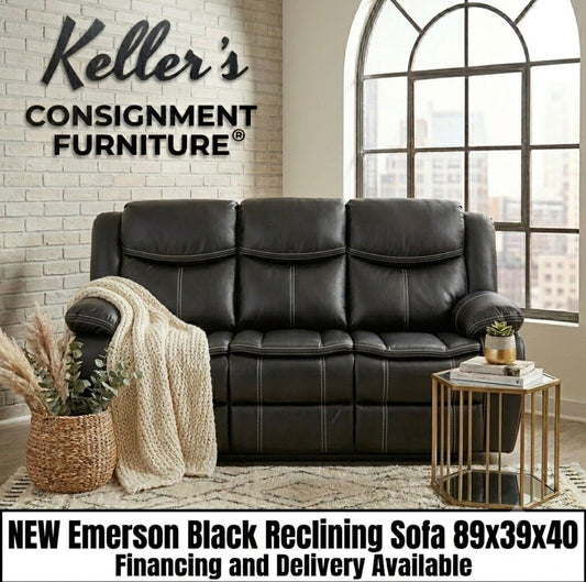 Emerson Black NEW Reclining Sofa w/Drop Down Tray 89x39x40 (665040)