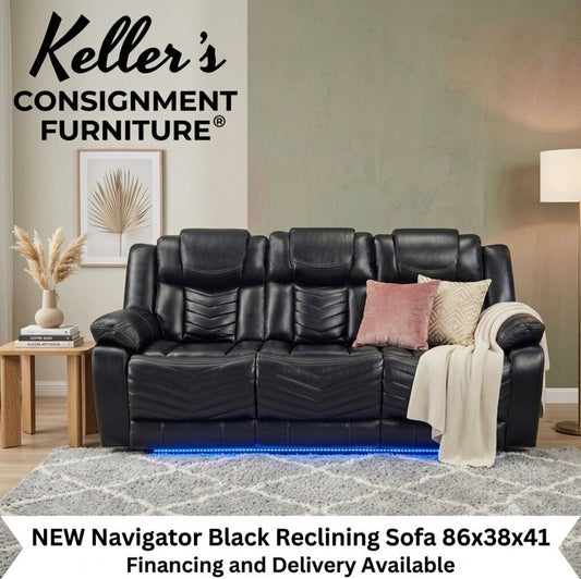 Navigator Black NEW Reclining Sofa w/Console, USB & C, LED Lights 86x38x41 (653220)