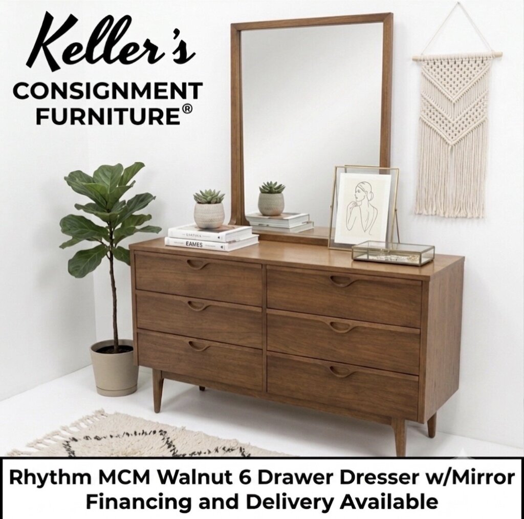86164 - Rhythm MCM Walnut 6 Drawer Dresser w/Mirror (56x18x32)(m-28x4x38)