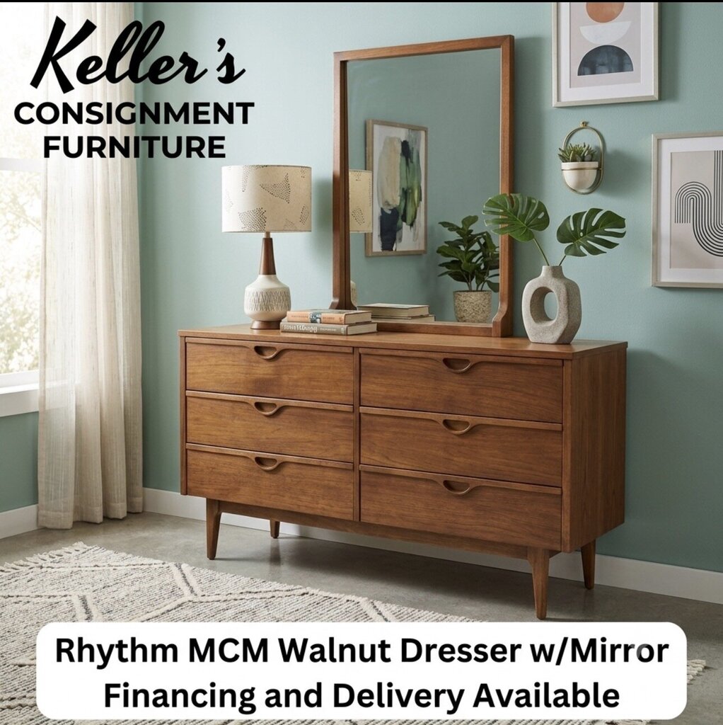 86164 - Rhythm MCM Walnut 6 Drawer Dresser w/Mirror (56x18x32)(m-28x4x38)