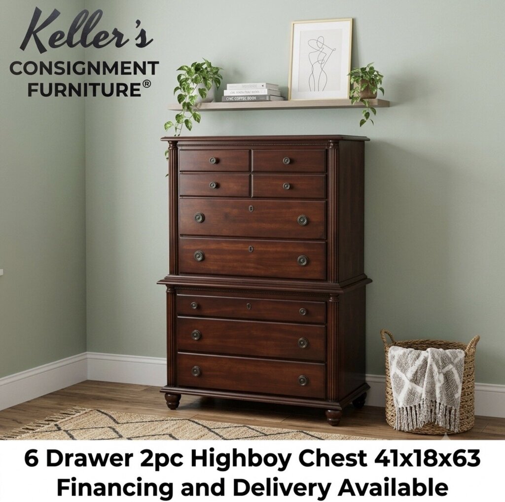 85718 - Wooden 6 Drawer 2pc Highboy Chest 41x18x63